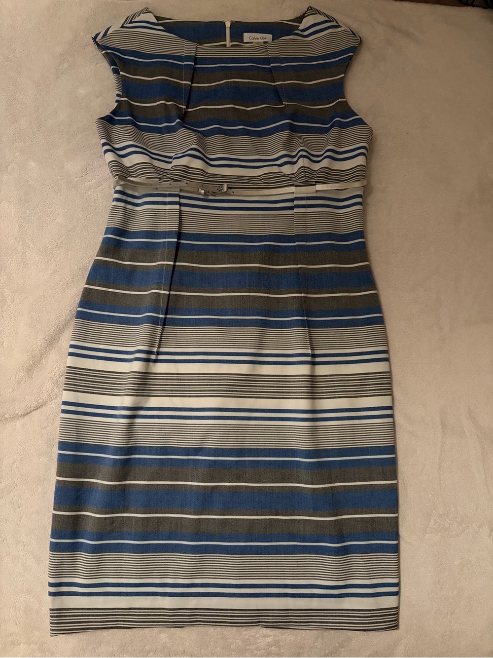 Calvin Klein Women’s Size 12 Blue Gray Striped Belted Sheath Career Dress